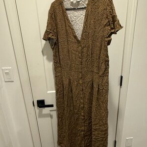 LOFT Brown Patterned V-Neck Midi Dress